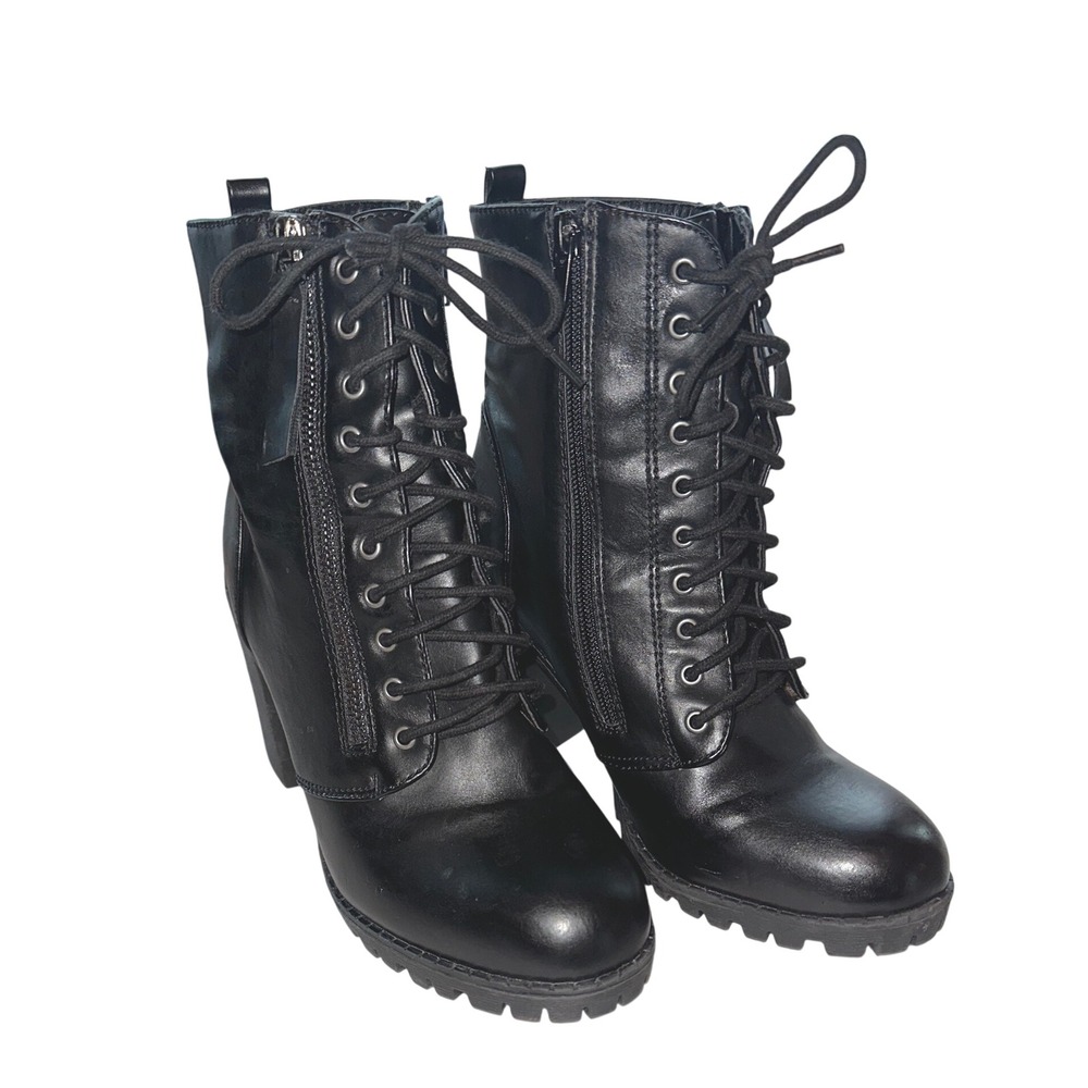 Soda Black Lace Up Block Heel Combat Boots Lug Sole Side Zip Ankle Boots Size 8